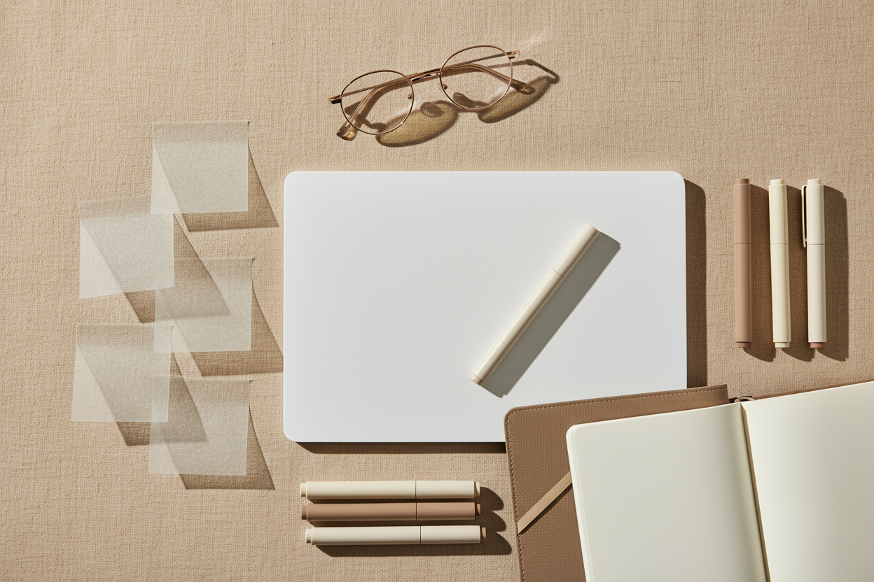 make the image luxurious looking, beige-ish, and aesthetic, for the background of a website. Make the vibes like aesop and calming. Include transparent sticky notes, a white board, markers, stationery, glasses