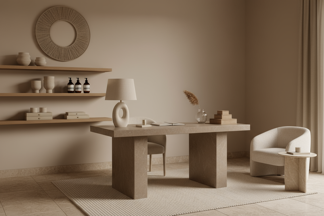 make the image luxurious looking, beige-ish, and aesthetic. Make the vibes like aesop and calming. Ambient lamps to sleek storage and minimalist décor, each piece brings warmth and intention to your workspace.